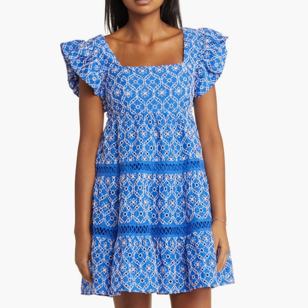 💙🤍Lilly Pulitzer Blue Grotto Flutter Eyelet Ruffle Patterned Dress